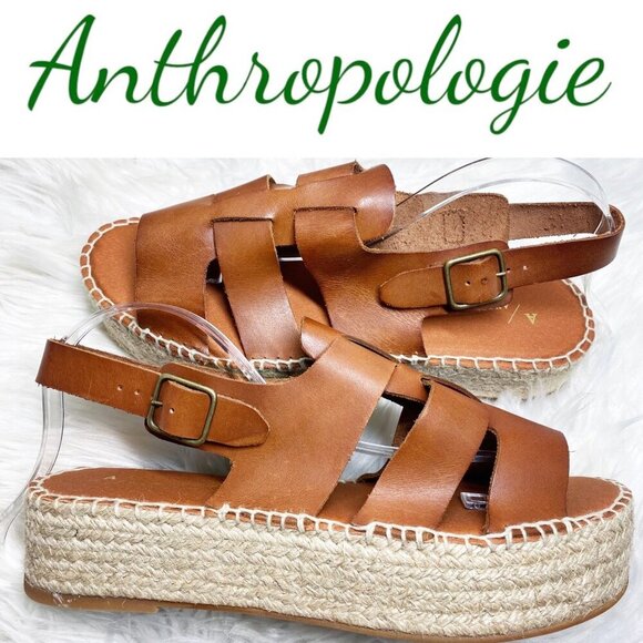 NWOT ANTHROPOLOGIE Brown Leather Platform Fisherman Sandals Espadrilles, Size 41 - Picture 1 of 10